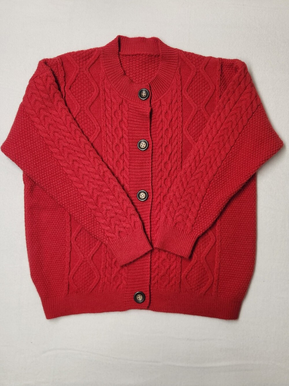 Handmade Red Cable Knit Fisherman Cardigan Sweater L Aran Cottagecore Grandpa